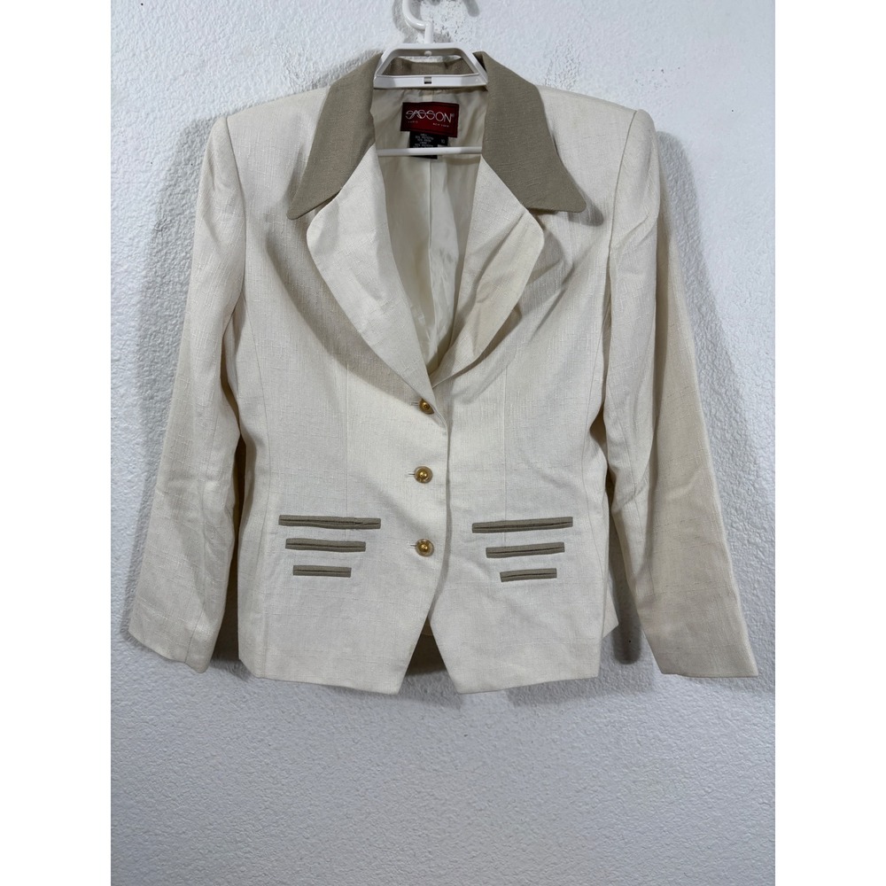 Sasson Blazer Women‎ 10 Cream Vintage Y2K Contrast Collar Accent Buttons